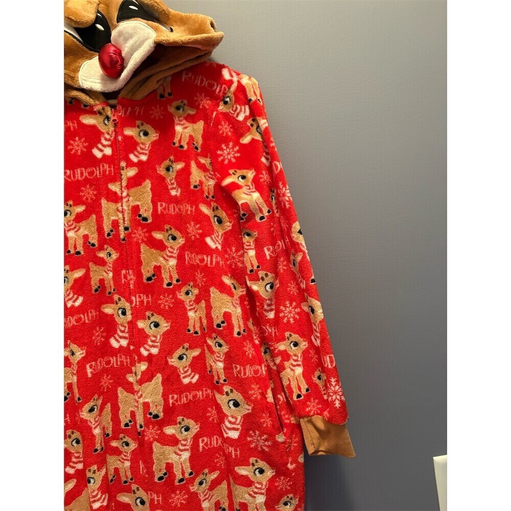 Rudolph Womens Hooded Zip One Piece Pajama Onesie Red Print Size 12-14 - Picture 6 of 11